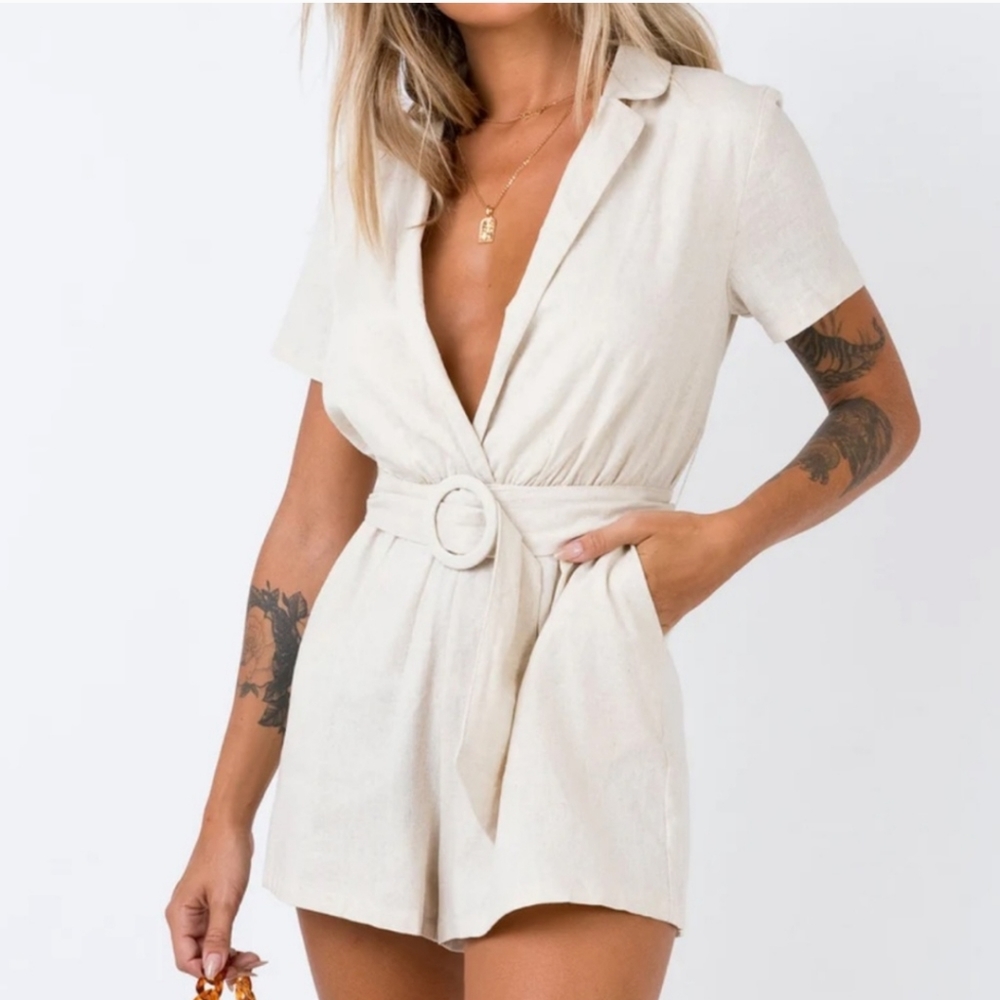 Princess Polly Turin Linen Blend Romper Beige Size 4